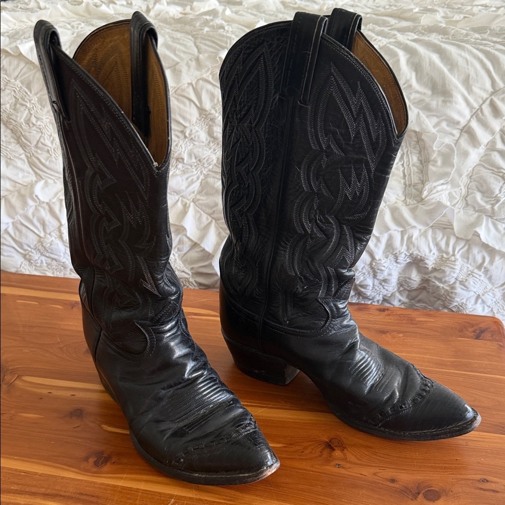Tony Lama Black Leather Western Cowboy Boots Size 8.5
